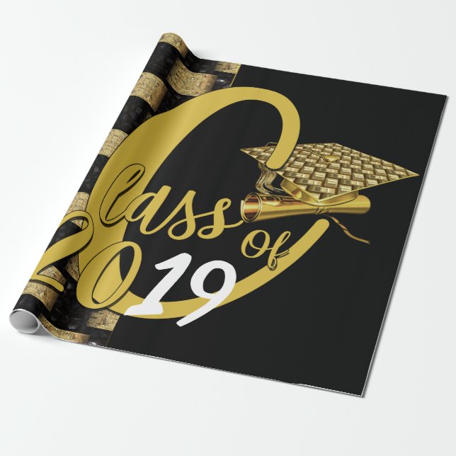 Class Of Accomplished Black and Gold Graduation Wrapping Paper (Unrolled)