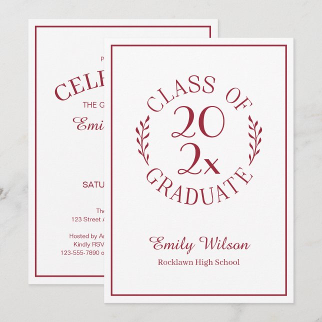 Class Of Burgundy White Emblem Graduation Party Invitation (Front/Back)