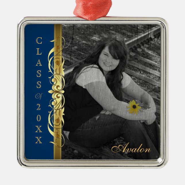 Class of Gold Scroll Photo Blue Ornament (Front)