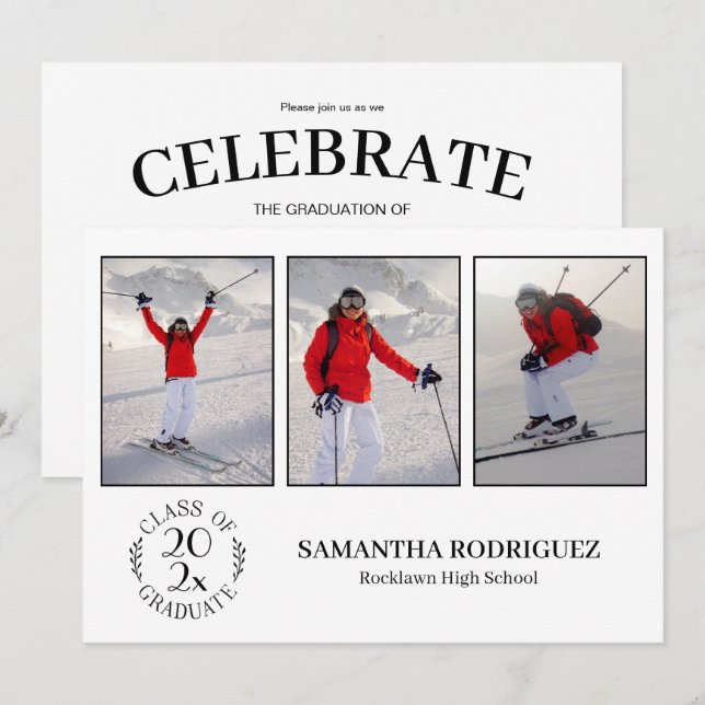 Class Of Graduate 3 Photo White Graduation Party Invitation (Front/Back)