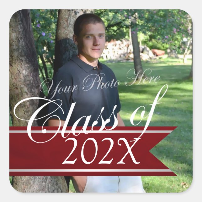 Class of Graduation Photo Banner Red Square Sticker (Front)