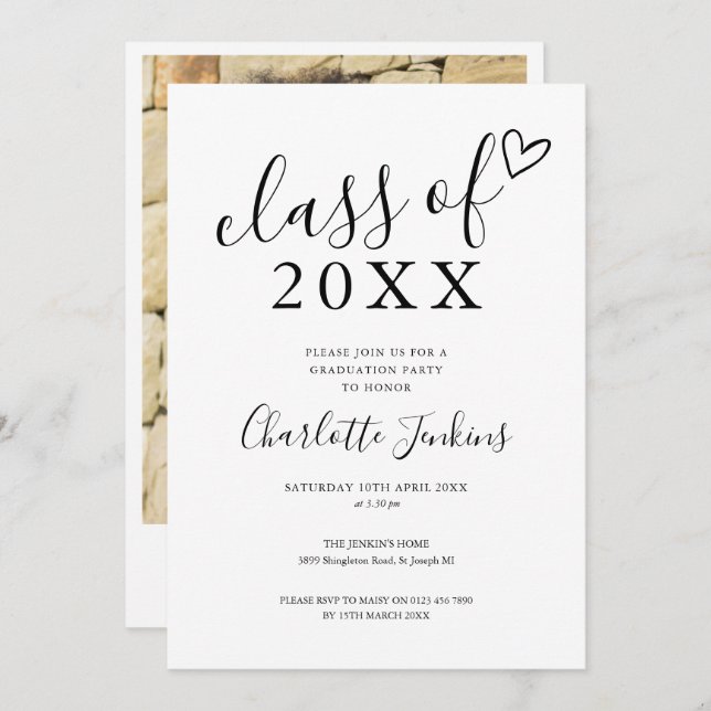 Class of Script Heart Photo Graduation Party Invitation (Front/Back)