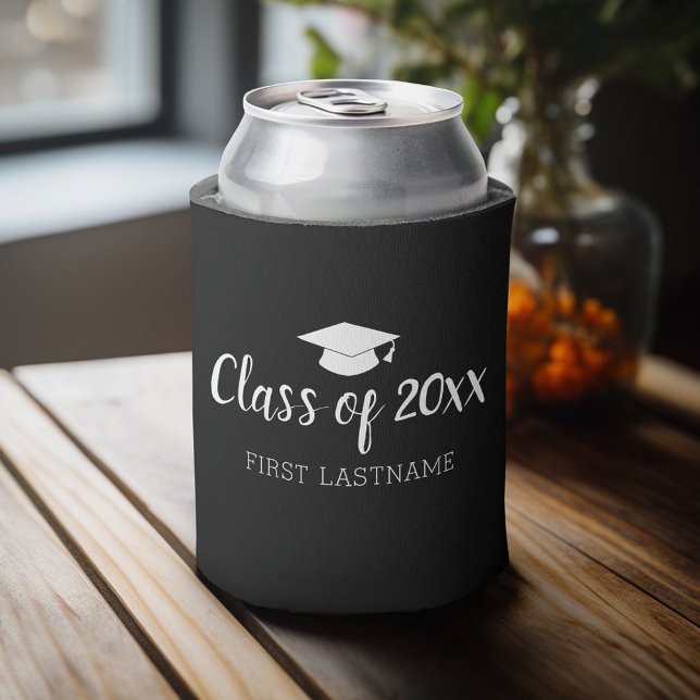 Class of Year and Name - Black Can Change Colour Can Cooler (Personalized can cooler with a place to add a name or other custom text - graduation theme)