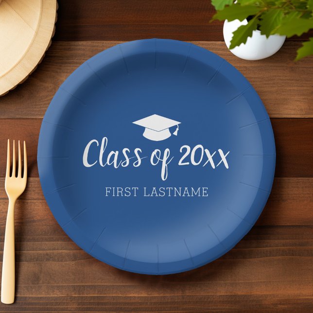 Class of Year and Name - Blue Can Change Colour Paper Plate (Custom Graduation Plates)