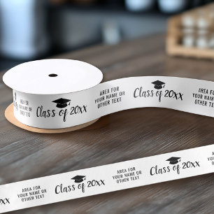 Class of Year and Name Graduation Cap Black White Satin Ribbon