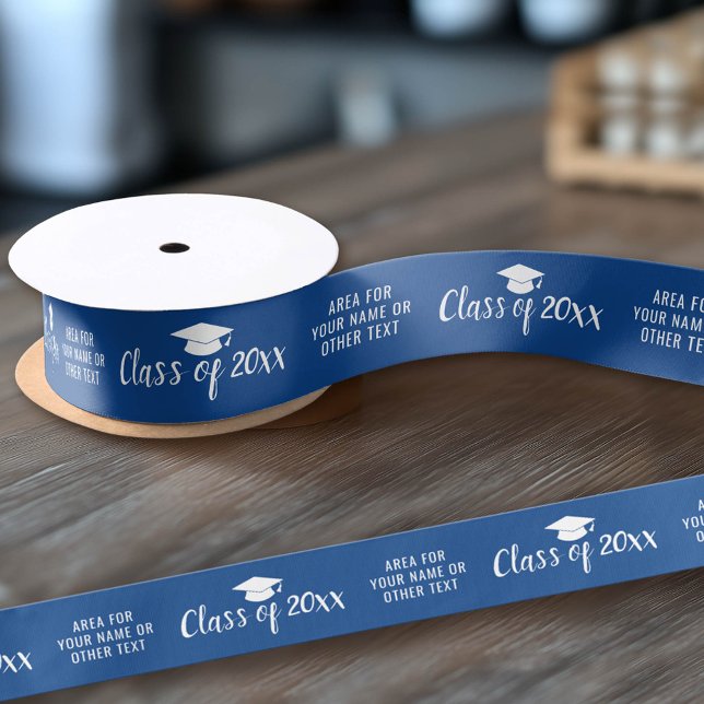 Class of Year and Name - Graduation Cap Blue Satin Ribbon (Custom Graduation Ribbon)