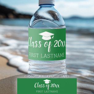 Class of Year and Name - Graduation Cap Green Water Bottle Label