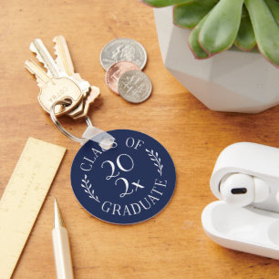 Class of Year Graduate Chic Typography Navy Blue Key Ring