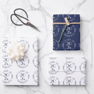 Class of Year Graduate Navy Blue White Typography Wrapping Paper Sheet