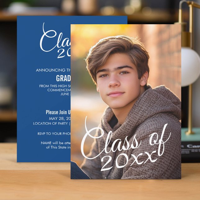 Class of Year Script with Graduation Photo Invitation (Classic Graduation Announcement and Party Invitation)