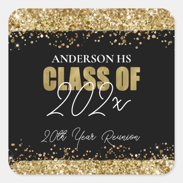 Class Reunion Black and Gold Glitter Square Sticker (Front)