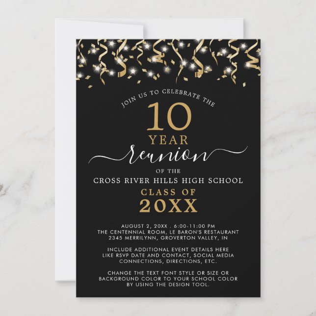 Class Reunion Black Gold Confetti Streamers Invitation (Front)
