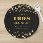 Class Reunion Black Gold Stars Personalised Paper Plate<br><div class="desc">Celebrate with classmates at your school or college class reunion with these personalised and custom colour paper plates for any graduating class (the year is editable) with your class year and school name. The design features gold stars and string lights against an editable black background colour and text colours you...</div>