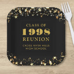 Class Reunion Black Gold Stars Personalised Paper Plate<br><div class="desc">Personalised and custom colour high school or college class reunion paper plates for any graduating class (the year is editable) with your class year and school name. The design features gold stars and string lights against an editable black background colour you can change to your school colour. CHANGES: The background...</div>