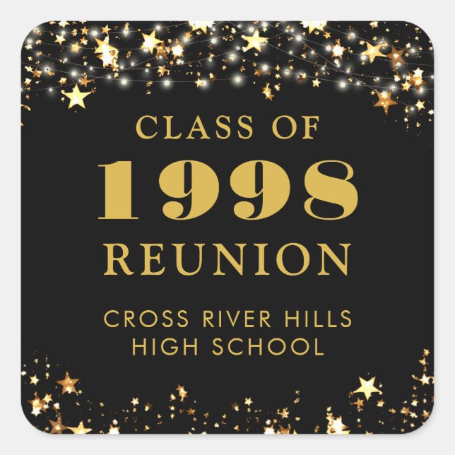 Class Reunion Black Gold Stars Personalised Square Sticker (Front)