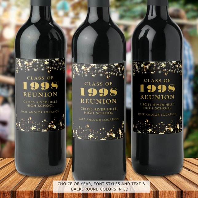 Class Reunion Black Gold Stars Personalised Wine Label (Creator Uploaded)