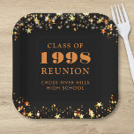 Class Reunion Black Orange Gold Stars Personalised Paper Plate<br><div class="desc">Personalised black and orange high school or college class reunion paper plates for any graduating class (the year is editable) with your class year and school name. The design features gold stars and string lights against an editable black background colour you can change to your school colour. PLATE OPTIONS: The...</div>