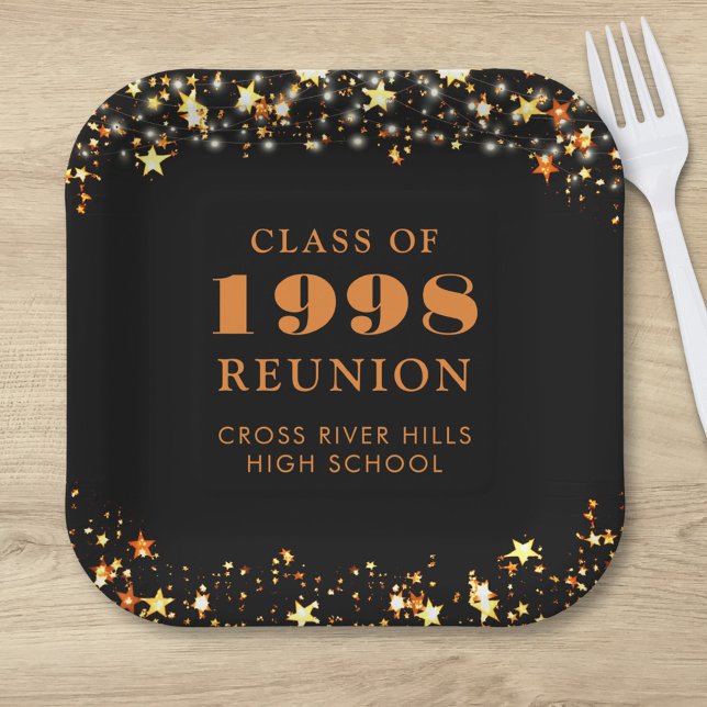 Class Reunion Black Orange Gold Stars Personalised Paper Plate (Creator Uploaded)