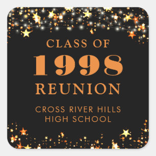 Class Reunion Black Orange Gold Stars Personalised Square Sticker