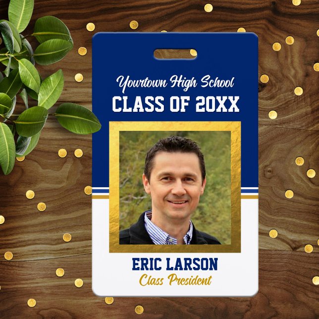Class Reunion Blue and Gold Photo ID Badge (Creator Uploaded)