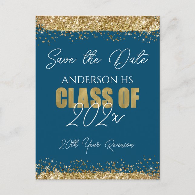 Class Reunion Blue and Gold Save the Date Postcar Postcard (Front)