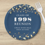 Class Reunion Blue Gold Stars Personalised Paper Plate<br><div class="desc">Celebrate with classmates at your school or college class reunion with these personalised and custom colour paper plates for any graduating class (the year is editable) with your class year and school name. The design features gold stars and string lights against an editable blue background colour and text colours you...</div>