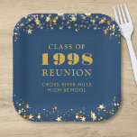 Class Reunion Blue Gold Stars Personalised Paper Plate<br><div class="desc">Personalised blue high school or college class reunion paper plates for any graduating class (the year is editable) with your class year and school name. The design features gold stars and string lights against an editable blue background colour you can change to your school colour. CHANGES: The background and text...</div>