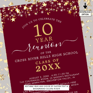 Class Reunion Burgundy Gold Stars Lights Any Year Invitation