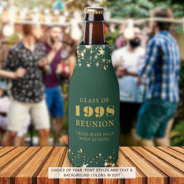 Class Reunion Dark Green Gold Stars Personalised Bottle Cooler (Creator Uploaded)