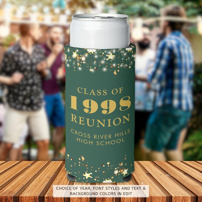 Class Reunion Dark Green Gold Stars Personalised Seltzer Can Cooler (Creator Uploaded)