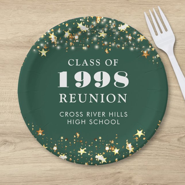 Class Reunion Gold Stars Green Personalised Paper Plate (Creator Uploaded)