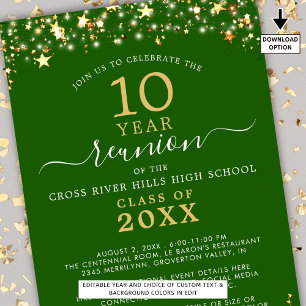 Class Reunion Green Gold Stars Lights Any Year Invitation