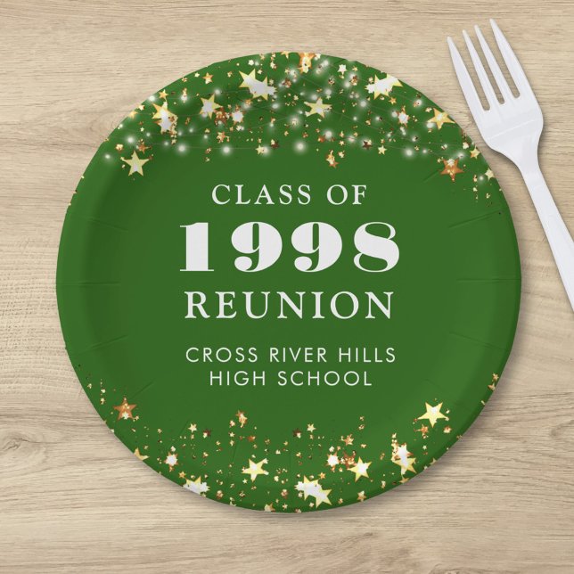 Class Reunion Green Gold Stars Personalised Paper Plate (Creator Uploaded)