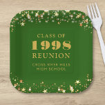 Class Reunion Green Gold Stars Personalised Paper Plate<br><div class="desc">Personalised green high school or college class reunion paper plates for any graduating class (the year is editable) with your class year and school name. The design features gold stars and string lights against an editable green background colour you can change to your school colour. CHANGES: The background and text...</div>