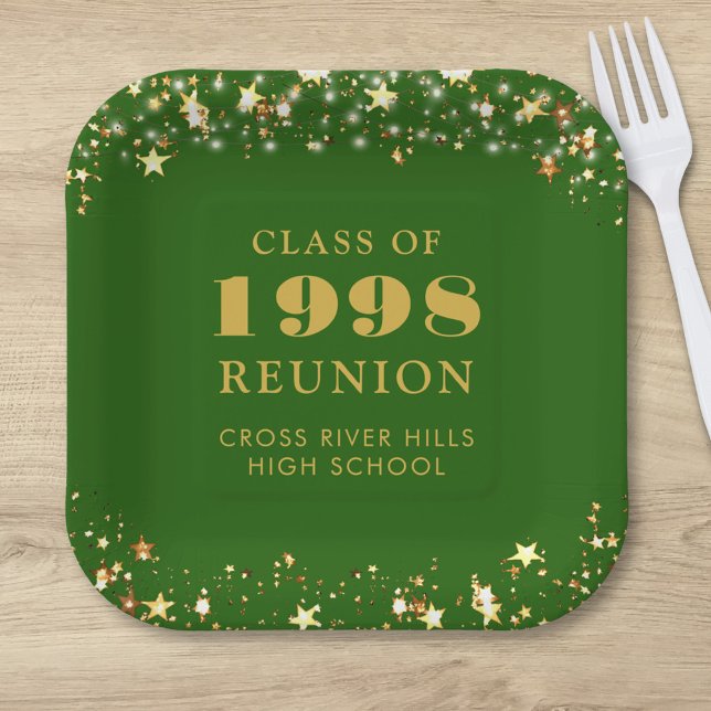 Class Reunion Green Gold Stars Personalised Paper Plate (Creator Uploaded)