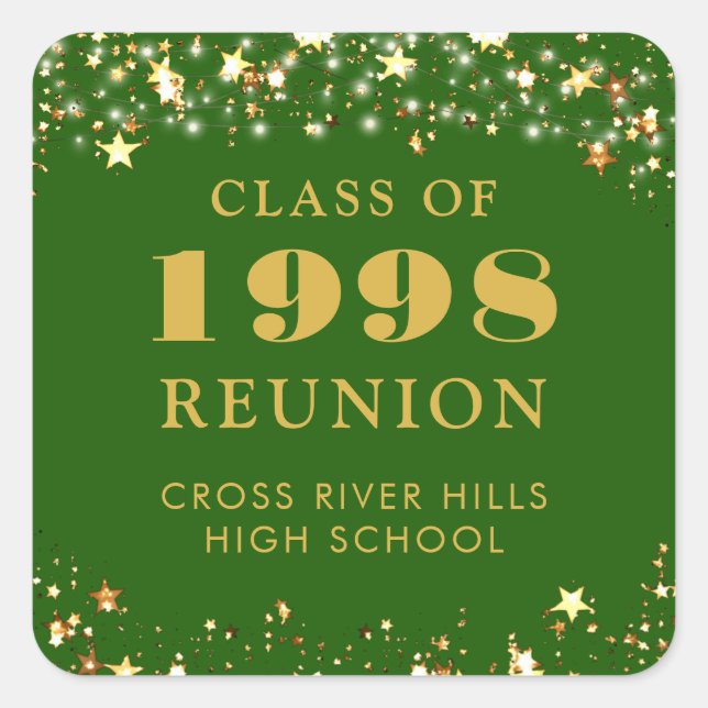 Class Reunion Green Gold Stars Personalised Square Sticker (Front)