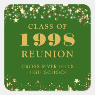 Class Reunion Green Gold Stars Personalised Square Sticker