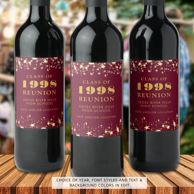 Class Reunion Maroon Gold Stars Personalised Wine Label (Creator Uploaded)