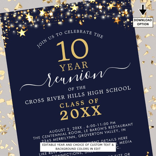 Class Reunion Navy Blue Gold Stars Lights Any Year Invitation (Creator Uploaded)
