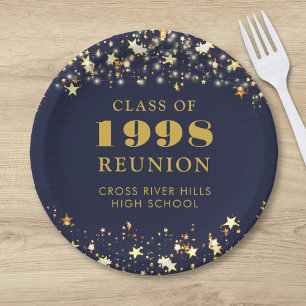 Class Reunion Navy Blue Gold Stars Personalised Paper Plate