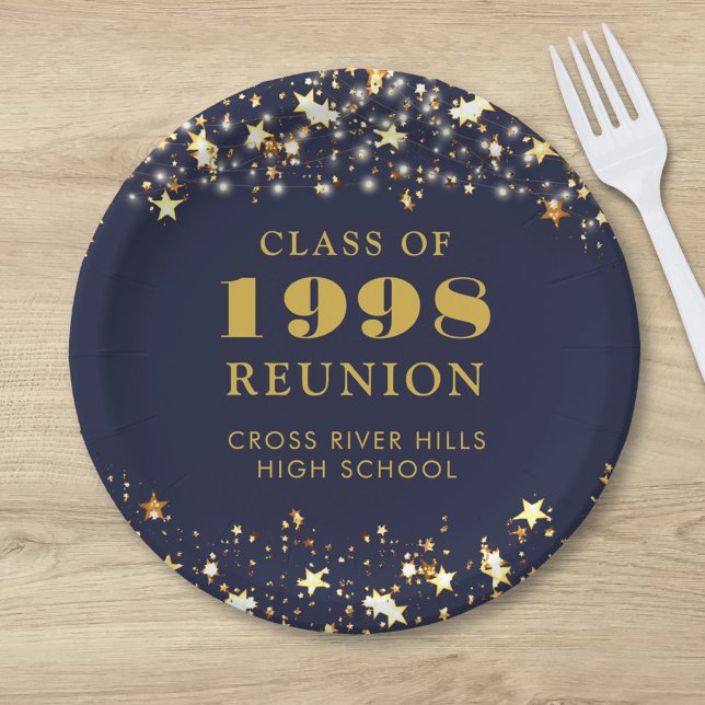 Class Reunion Navy Blue Gold Stars Personalised Paper Plate (Creator Uploaded)