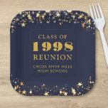 Class Reunion Navy Blue Gold Stars Personalised Paper Plate<br><div class="desc">Personalised and custom colour high school or college class reunion paper plates for any graduating class (the year is editable) with your class year and school name. The design features gold stars and string lights against an editable navy blue background colour you can easily change to your school colour. CHANGES:...</div>