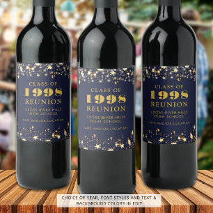 Class Reunion Navy Blue Gold Stars Personalised Wine Label