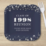 Class Reunion Navy Blue Silver Stars Personalised Paper Plate<br><div class="desc">Personalised navy blue high school or college class reunion paper plates for any graduating class (the year is editable) with your class year and school name. The design features silver stars and string lights against an editable navy background colour you can change to your school colour. CHANGES: The background and...</div>