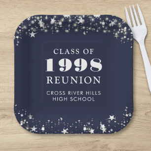 Class Reunion Navy Blue Silver Stars Personalised Paper Plate
