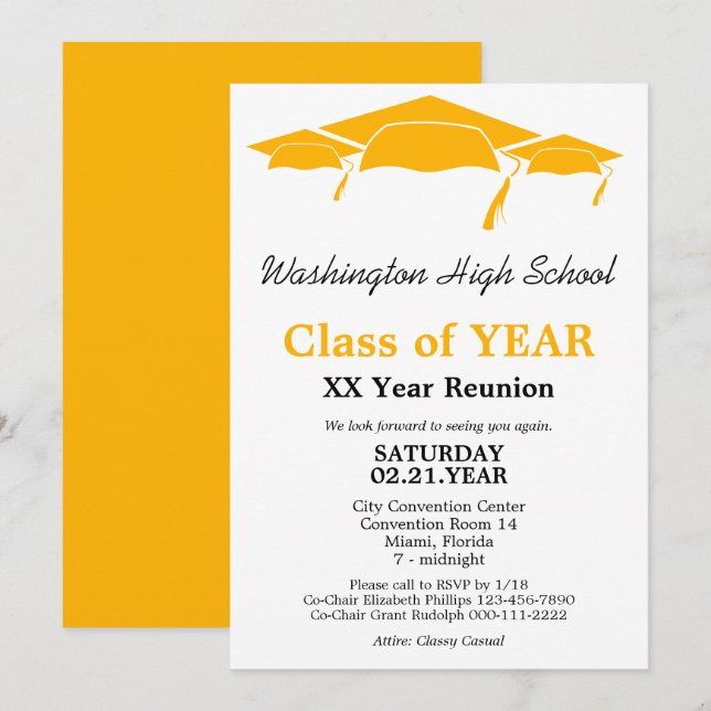 Class Reunion Orange Graduation Caps Invitation (Front/Back)