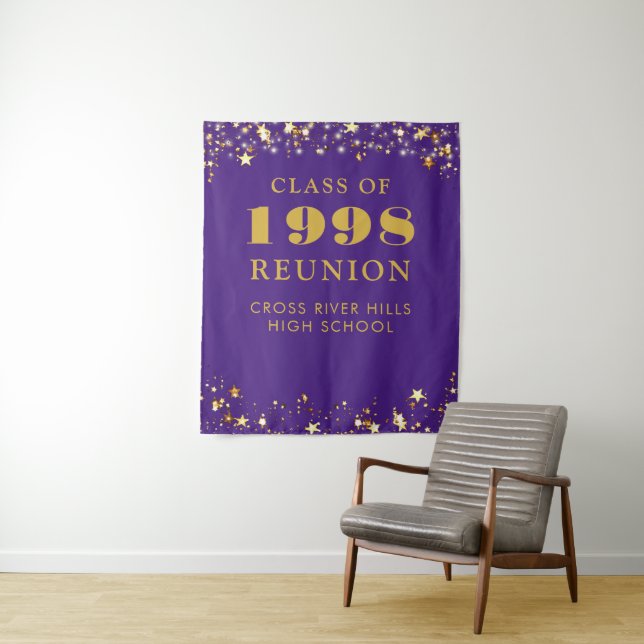 Class Reunion Photo Booth Purple Gold Backdrop Tapestry (In Situ)