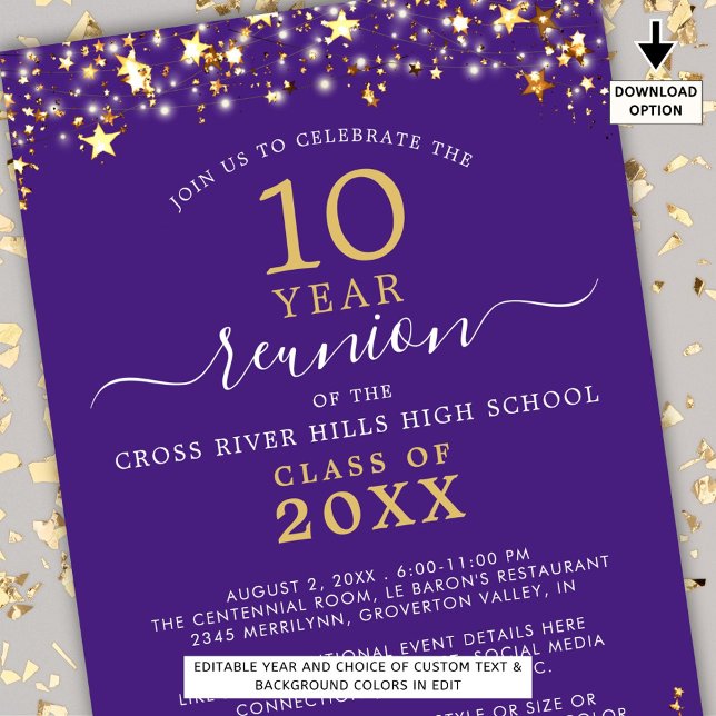 Class Reunion Purple Gold Stars Lights Any Year Invitation (Creator Uploaded)