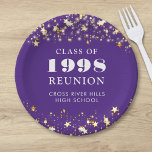 Class Reunion Purple Gold Stars Personalised Paper Plate<br><div class="desc">Celebrate with classmates at your school or college class reunion with these personalised and custom colour paper plates for any graduating class (the year is editable) with your class year and school name. The design features gold stars and string lights against an editable purple background colour and text colours you...</div>