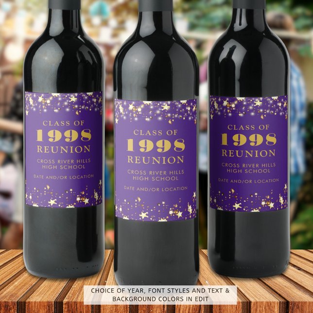 Class Reunion Purple Gold Stars Personalised Wine Label (Creator Uploaded)